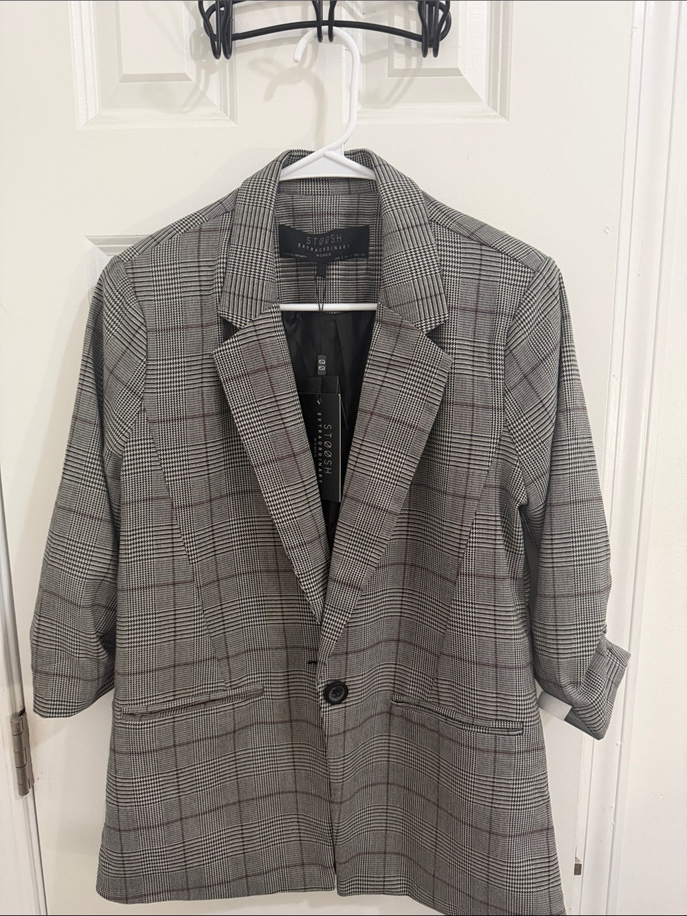 Stoosh Gray Plaid Blazer Jacket 3/4 Sleeves.Size Small NWOT